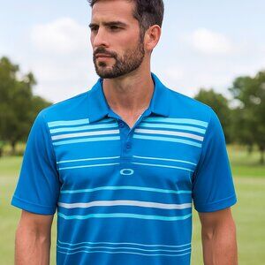 Oakley Polo Shirt Men S Regular Fit Stretch Striped Blue Performance Golf Sports